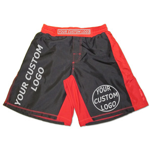 Shorts de boxe personnalisés avec logo, noir et rouge, taille élastique, respirants, pour entraînement MMA, vêtements de combat, toutes saisons, en polyester - Product Image 1