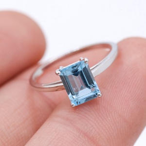 Wholesale 925 <b>Sterling</b> <b>Silver</b> Natural Emerald Cut Blue Topaz 4-Prong <b>Set</b> <b>Ring</b> Memoria Jewels - Product Image 4