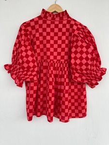 Women Red Pink Checkered Cotton Blouse Ruffle Collar Babydoll <b>Top</b> Casual Summer Boutique Shirt Elastic Cuff Boho Spring Blouse - Product Image 4