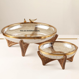 Broken Glass Texture Round Shape Food Serving Luxury Bowl With Gold Plated Metal Made <b>Birds</b> Designer Frame <b>Stand</b> - Product Image 1