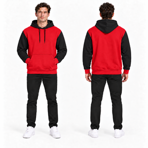 Sweat-shirt à capuche pour homme, rouge et noir, en polaire, décontracté, couleur unie, avec poche, coupe classique, vêtements d'hiver, polyester/coton, coupe-vent - Product Image 1