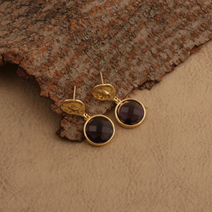 Purple Amethyst Drop <b>Earrings</b> Hammered <b>Gold</b> Plated Statement Gemstone Jewelry For Women V - Product Image 1