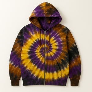 Sweat-shirt à capuche zippé unisexe en molleton imprimé tie-dye jaune et noir, coupe oversize, style streetwear, respirant, personnalisable, vente en gros - Product Image 6