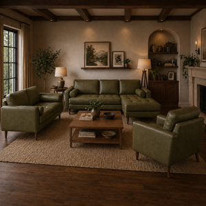 Ensemble de canapés en cuir vert olive, 3 places, 2 places, fauteuil, style moderne du milieu du siècle, ensemble de meubles pour salon, ensemble de salon - Product Image 1