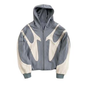 Hoodie unisexe en molleton lourd patchwork haute couture avec double écharpe, en laine/viscose, coupe oversize, double fermeture éclair, style streetwear hivernal - Product Image 2