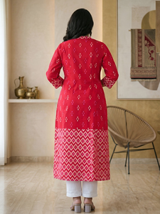 Kurta de Maternidad con Estampado Ikat Rojo, Cuello Mandarín, Mangas Tres Cuartos, Cómoda para Usar, Conjunto de Kurti para Mujer - Product Image 6