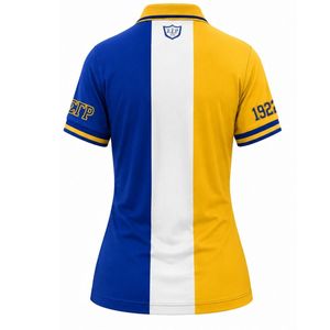 Camiseta Polo de 3 Paneles para Mujer, Sigma Gamma Rho, Azul Rey, Dorado y Blanco, Bloques de Color, Letras Griegas Personalizadas, Manga Corta, Ropa de Equipo de Hermandad - Product Image 2