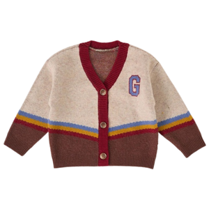 Cardigan en tricot beige brun pour bébé avec détails rayés rouges et bleus, en coton doux, boutonné devant, pour tout-petit - Product Image 1