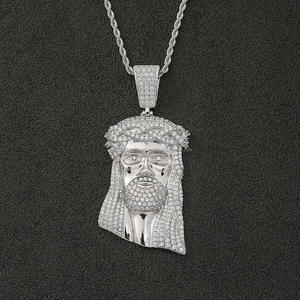 Mode 925 Argent Laiton Zircone Moissanite baguette Argent Plaqué Grand Religieux Jésus Tête Collier Pendentifs pour Homme - Product Image 1