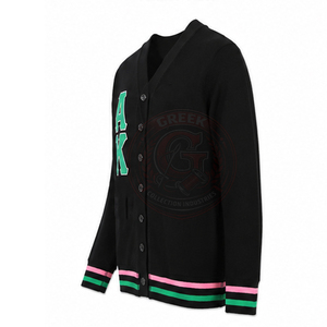 Cardigan rayé noir, vert et rose, style preppy, pull en tricot boutonné pour femme - Product Image 4