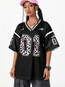 Camiseta de Fútbol Americano para Mujer, Diseño 2026, Personalizada con Número de Leopardo, Negra, Estilo Urbano, Talla Grande, Cuello en V, Transpirable - Product Image 2