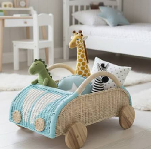 Shallow woven rattan countertop basket with wooden <b>side</b> handles for bathroom towels, available at wholesale prices. - Product Image 3