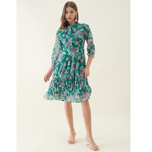 Vintage Style Green and Pink Floral Printed Fit & Flare Women <b>Dress</b> <b>for</b> Party Wear <b>Wedding</b> Event Retro Fashion Usage - Product Image 1