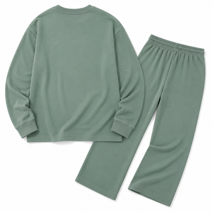 OEM Women Tracksuit <b>Set</b> Cotton Blend Crew Neck Sweatshirt Wide Leg <b>Jogger</b> Pants Chest Pocket Custom Logo Private Label Supplier - Product Image 4