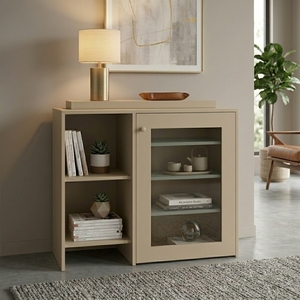 Meuble Bar Moderne en Bois de Chêne Naturel avec Portes en Verre Cannelé, Étagères Ouvertes, Console de Rangement, Buffet pour Salon, Meuble de Maison - Product Image 6