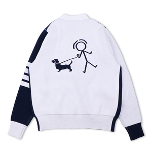 Women's White Knit Pullover With Stick Figure <b>Dog</b> Walking Embroidery Back Design Casual Crew Neck Full Sleeve Sweater - Product Image 1
