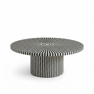Handcrafted Bone Inlay Coffee <b>Table</b> Modern Black & <b>White</b> Striped Pattern <b>Round</b> Center <b>Table</b> For Living Room Luxury Accent <b>Table</b> - Product Image 1