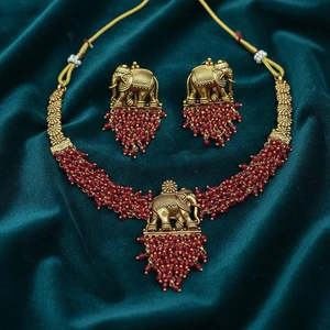 Jewelemarket Fine Jewelry Set 10575526RD Traditional <b>Elephant</b> Design Temple Choker <b>Earrings</b> Imitation Pearl for Bridal Occasions - Product Image 1