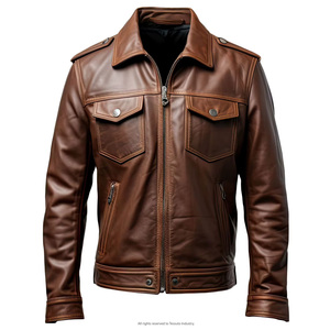 Chaqueta de Cuero Genuino para Hombre, Estilo Casual de Invierno, Color Marrón Vintage, con Cierre, Impermeable, Estilo Motociclista, OEM - Product Image 1