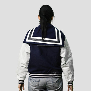 Veste universitaire bleue personnalisée avec patchs de broderie blanche en laine véritable et manches en cuir col montant enduit processus - Product Image 3
