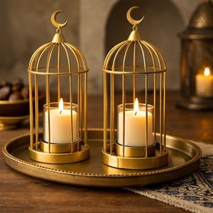 Luxury Metal Lantern Candle <b>Holder</b> Islamic Decor Ramadan Eid Arabic Style Candle Stand <b>Black</b> Golden Finish Elegant Table Decor - Product Image 2