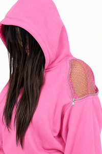 Ensemble de survêtement rose à capuche pour femme, coupe ample, avec empiècements latéraux en maille, style streetwear, joggers, couleur unie, polyester, OEM - Product Image 4
