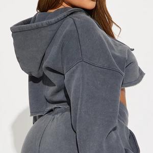 Ensemble de survêtement d'hiver de haute qualité pour femme, 2 pièces, manches longues, pantalon court, couleur unie, sweat-shirt à capuche, shorts décontractés, 100% coton - Product Image 3