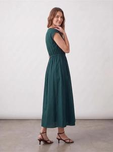 <b>Women</b> Teal Blue Cotton <b>Linen</b> Cap Sleeve Plain Midi <b>Dress</b> Elastic Waist A Line O-neck Casual Summer Maxi <b>Dress</b> - Product Image 4