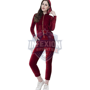 Survêtement à capuche en velours rouge pour femme, manches longues, fermeture éclair sur le devant, couleur unie, tenue décontractée d'hiver avec poches latérales à la cheville - Product Image 3