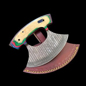 Cuchillo de Chef Ulu Hecho a Mano, Hoja Curva de Acero de Damasco con Mango de Madera y Funda de Cuero Ecológica, Ambidiestro - Product Image 1
