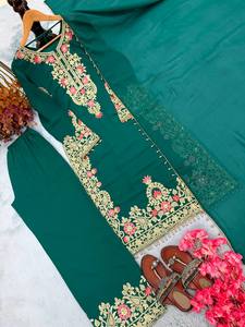 Ensemble Anarkali prêt-à-porter entièrement brodé avec haut, pantalon palazzo, dupatta, manches fantaisie, bordure Latkan, design de créateur, en tissu lourd imitation - Product Image 5