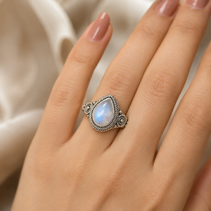 925 Sterling <b>Silver</b> Pear Rainbow Moonstone Vintage Rope Bezel Artisan Boho <b>Statement</b> <b>Ring</b> Rose Gold & Yellow Gold Plated - Product Image 2
