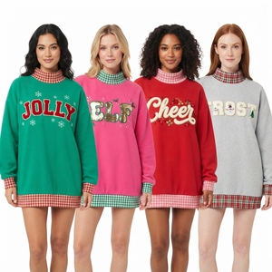 Women's Casual Green Knitted Embroidered Sweatshirt with <b>Red</b> <b>Gingham</b> Trim and Merry Letter Print Mock Neck Winter - Product Image 6