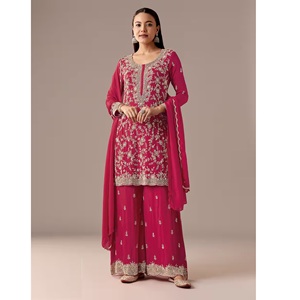 Vente en gros : Ensemble Palazzo prêt-à-porter en Georgette à motifs floraux, richement brodé de fils et de sequins - Product Image 1