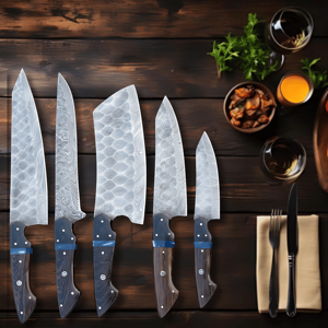Ensemble de couteaux de chef personnalisés en acier Damas fait main, 5 pièces, manche en bois Wagi, étui en cuir, pour la cuisine, respectueux de l'environnement, MORTAL SAGA Drop - Product Image 6
