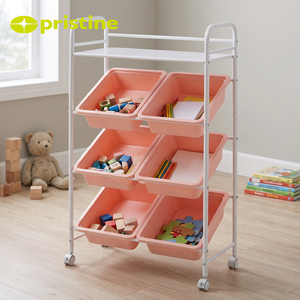4 Tier Storage Cart with 6 Pink Bins Metal Frame <b>Rolling</b> Organizer for Home Office Use - Product Image 3