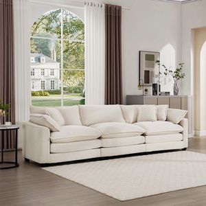 Divano Sezionale a 3 Posti Stile Mid-Century Moderno in Tessuto Corduroy Beige Chiaro con 2 Braccioli e 3 Cuscini Decorativi per Soggiorno - Product Image 3