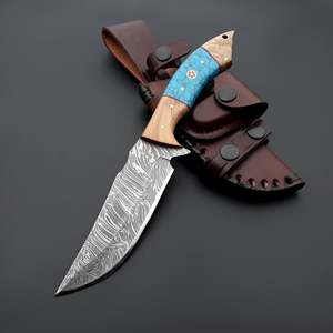Cuchillo de Caza y Camping Fijo de 10 Pulgadas, Forjado a Mano en Acero de Damasco, Punta Recta, Afilado como una Navaja, con Funda de Cuero, OEM, ODM, Personalizable - Product Image 1