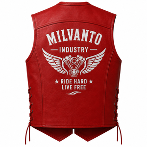 Gilet de moto pour homme en cuir véritable 100% |   Gilet de motard rouge personnalisé avec patchs brodés, design à lacets latéraux et multiples fermetures éclair - Product Image 2