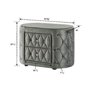 Table de chevet ovale luxueuse en peluche grise avec plateau en verre trempé de 8 mm et deux tiroirs de rangement arrondis - Product Image 4