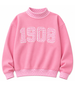 Sweat-shirt rose à col roulé pour femme 1908 avec appliqué à carreaux et motif lettres sur le devant, manches classiques, tenue décontractée d'automne - Product Image 1