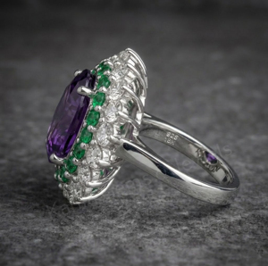 Luxury 925 Sterling Silver <b>Cocktail</b> <b>Ring</b> With Oval Amethyst Center Green Pave Diamond Halo Prong Setting Women's Party Jewelry - Product Image 2
