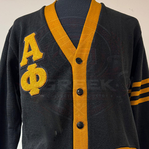 Cárdigan Personalizado con Rayas, Suéter con Letras de Chenilla Personalizadas de la Fraternidad Griega Alpha Phi, Suéter de Punto para Hombre, Cárdigan Universitario - Product Image 4