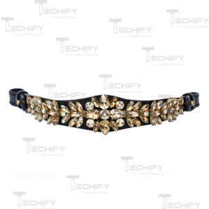 Fronture de luxe en cristal pour cheval – Fronture en cuir noir avec strass dorés - Product Image 2