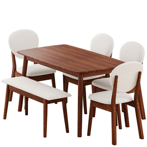 Set da pranzo in legno di gomma: 1 tavolo rettangolare e 4 sedie imbottite con 1 panca, finitura noce scuro e cuscini beige - Product Image 1