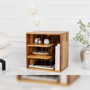 Table de chevet en bois moderne Vandana Classic Sense CUBUS 45 cm, finition en pierre de Sheesham marron, écologique, durable, chambre à coucher, bureau à domicile - Product Image 1
