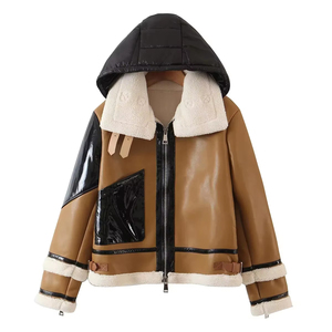 Chaqueta de invierno para mujer, de piel sintética con parches, abrigo cálido con capucha, sudaderas con capucha para mujer - Product Image 1