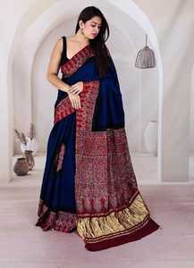 Sari de Seda Azul Pintado a Mano para Mujer, Tradicional Indio y Pakistaní, para Boda, Largo hasta el Suelo, Étnico, Corte Regular, para Todas las Estaciones - Product Image 3