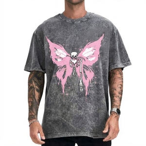 T-shirt vintage délavé à l'acide pour homme, 100 % coton tissé, motif papillon et crâne, manches courtes, col rond, sérigraphie, coupe classique, longueur complète - Product Image 3