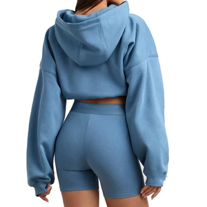 Customised Logo 100% Cotton Oversized Crop Drop Shoulder Hoodie Women Pullover with Embroidery Hole Detail <b>Raw</b> Hem Short Length - Product Image 3